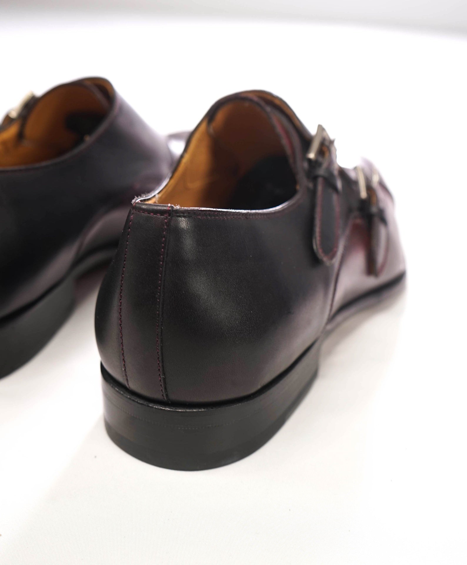 $375 MEZLAN - Burgundy/Black Leather Monk Straps - 10.5M