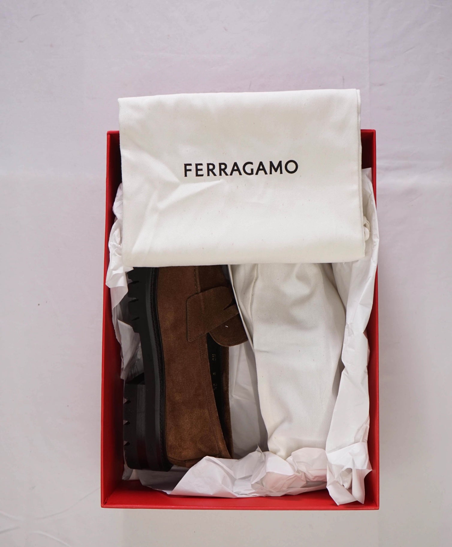 $995 FERRAGAMO - Brown Suede "AUKLAND" Lug Sole Loafers - 8 EE