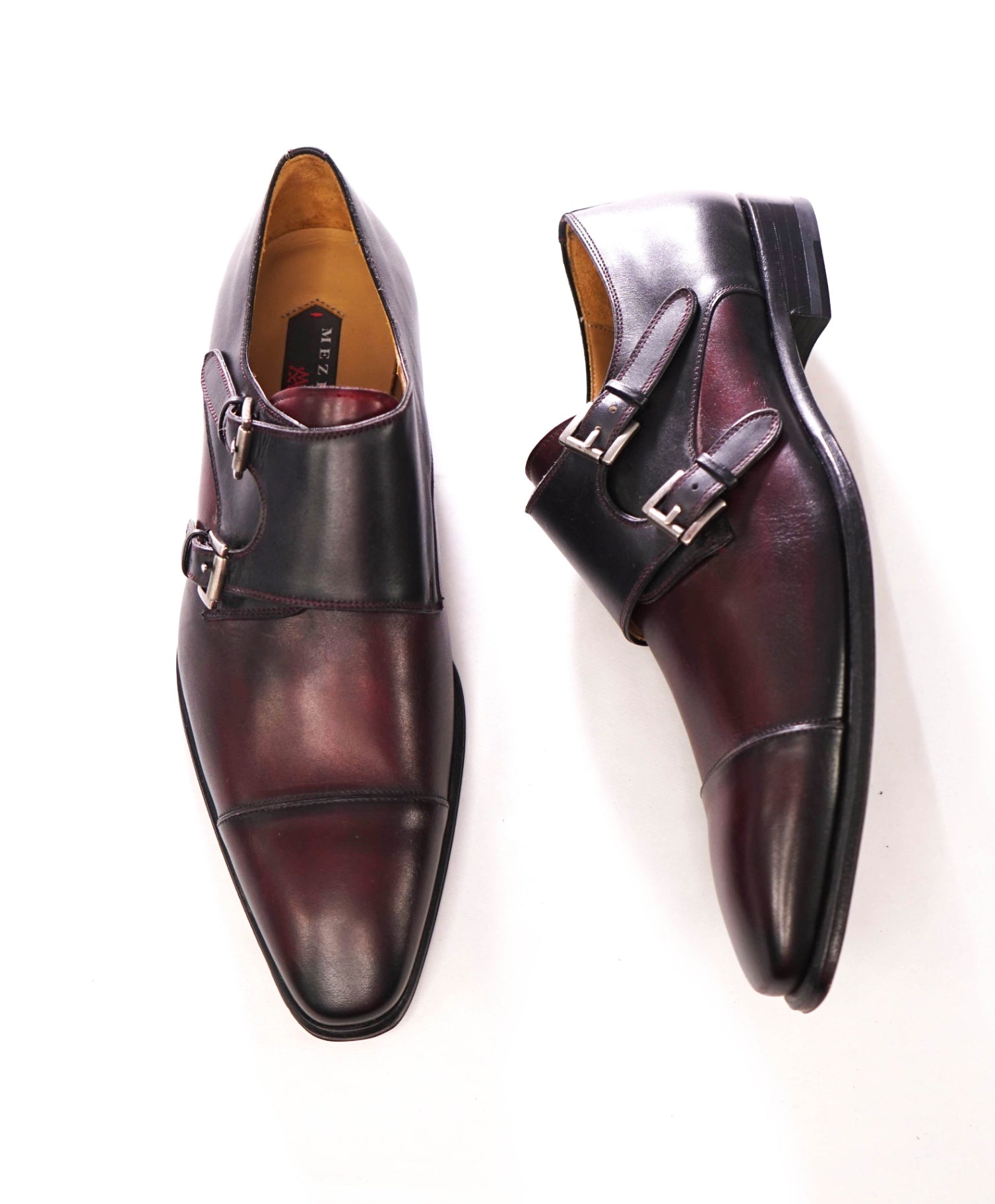 $375 MEZLAN - Burgundy/Black Leather Monk Straps - 10.5M