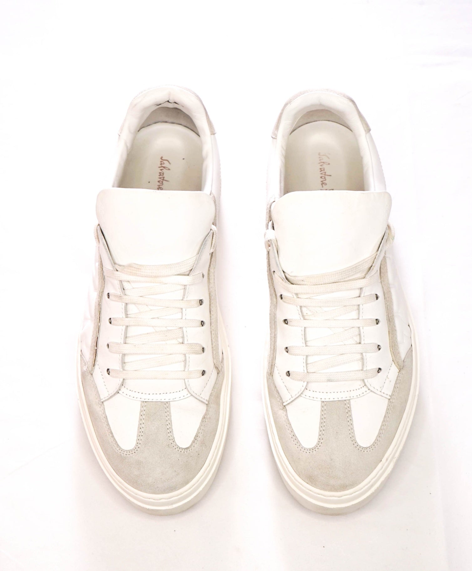 $795 FERRAGAMO - White Leather/Suede "BORG" Sneakers - 10 M