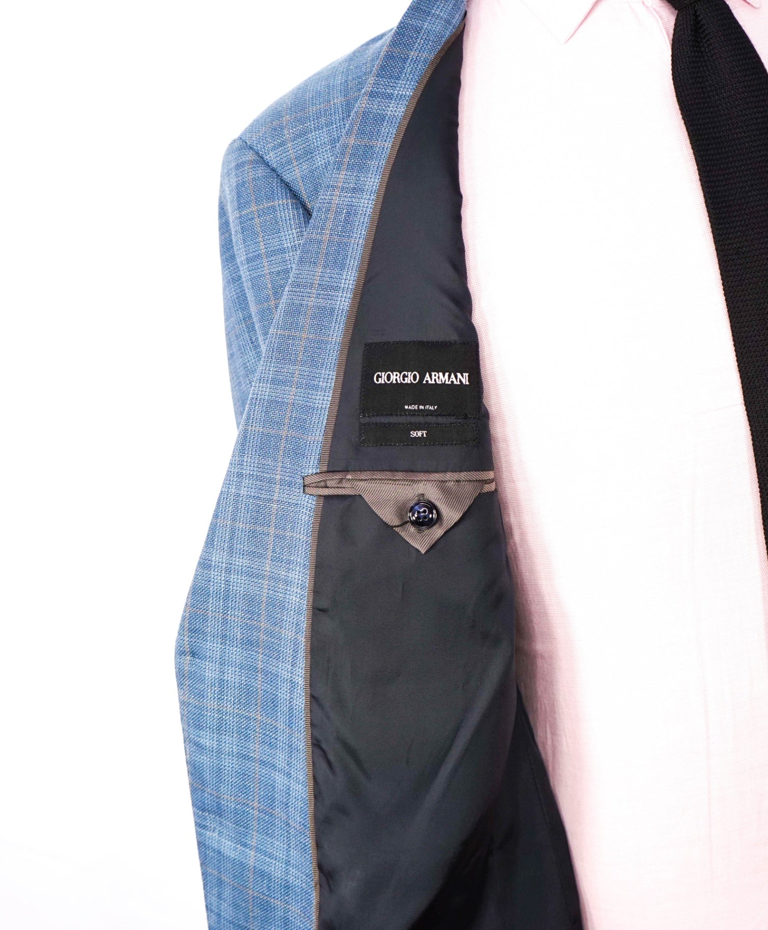 $2,295 GIORGIO ARMANI - Blue Plaid Wool/Silk/Linen "SOFT" Blazer - 44R