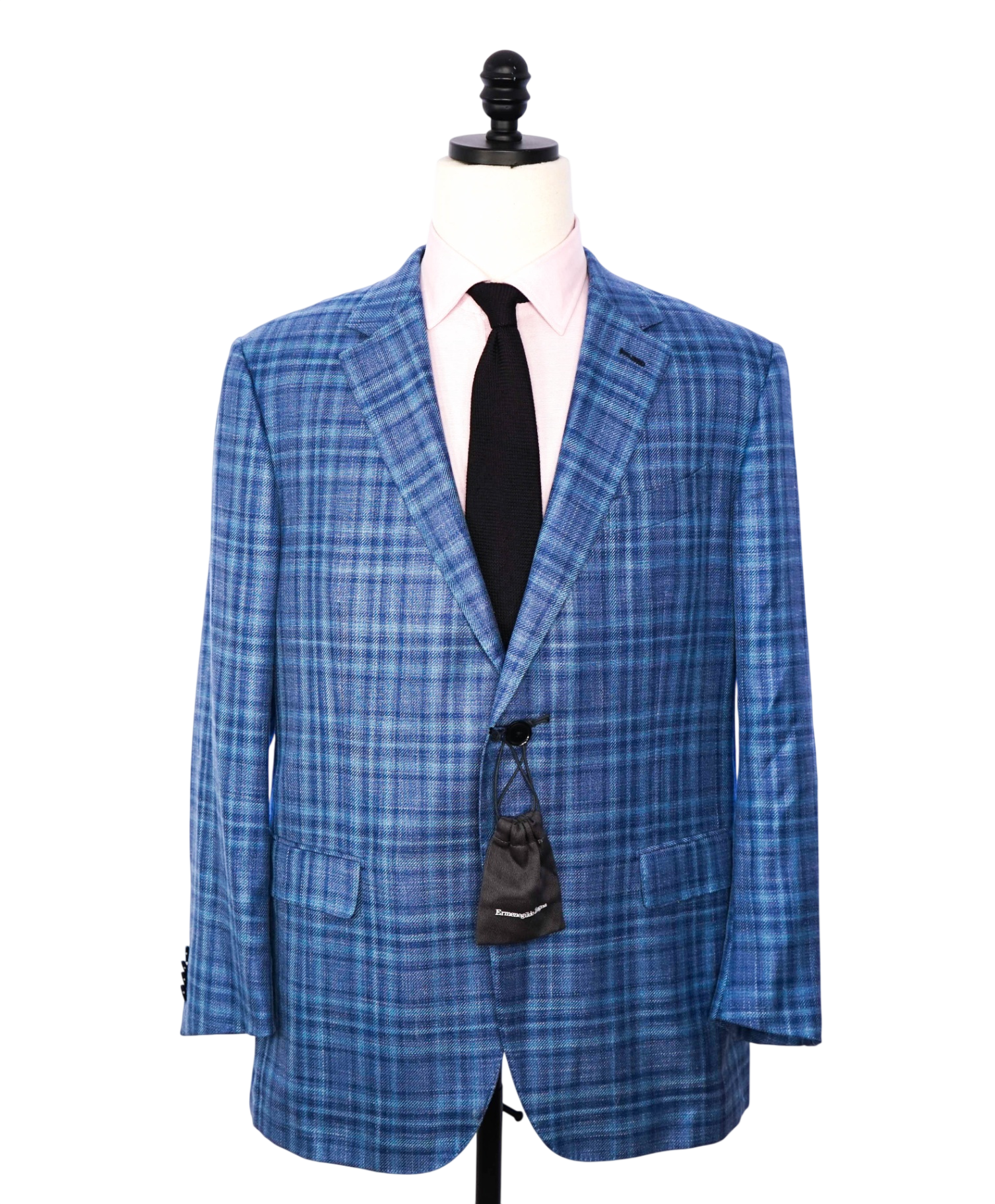 $3,750 ZEGNA - Blue Plaid Wool/Silk/Linen Blazer - 46R