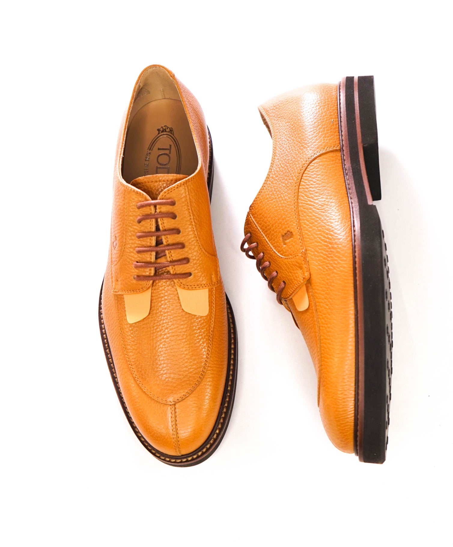 $985 TOD'S - Cognac Brown Pebble Leather Derby - US 9 (UK8)