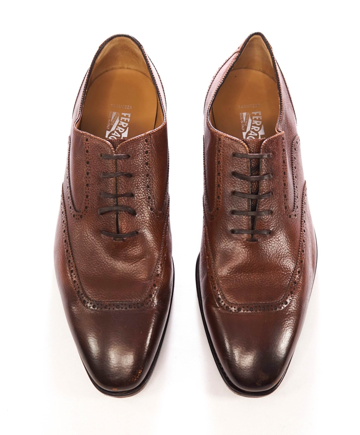 $1,495 FERRAGAMO - "TRAMEZZA" Brown Pebble Leather Oxfords - 9.5 EE