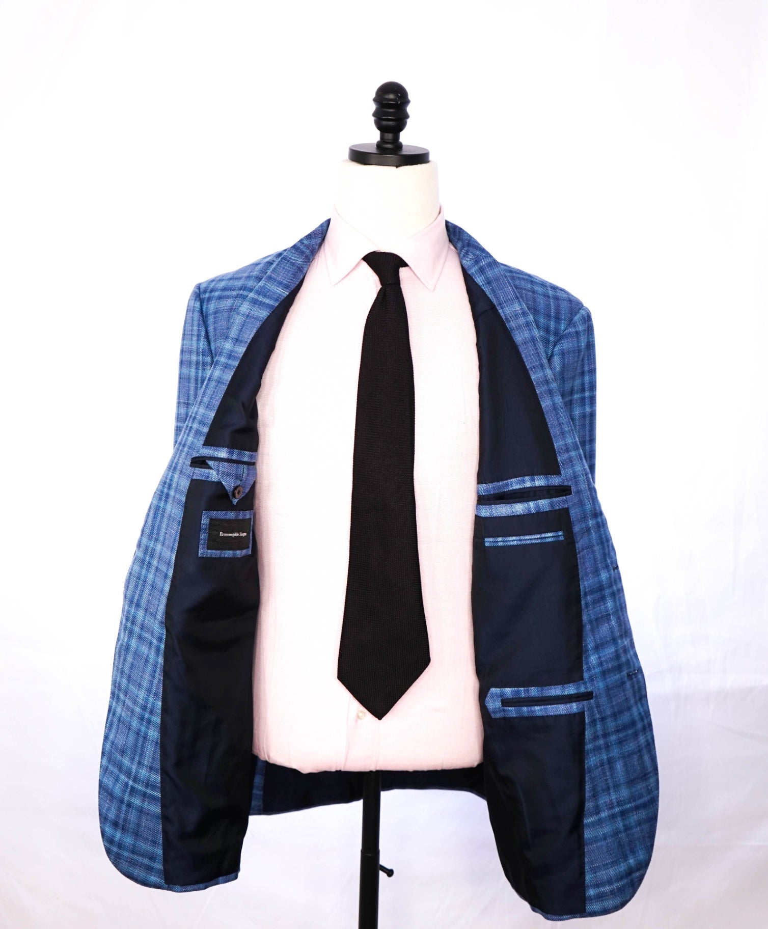 $3,750 ZEGNA - Blue Plaid Wool/Silk/Linen Blazer - 46R
