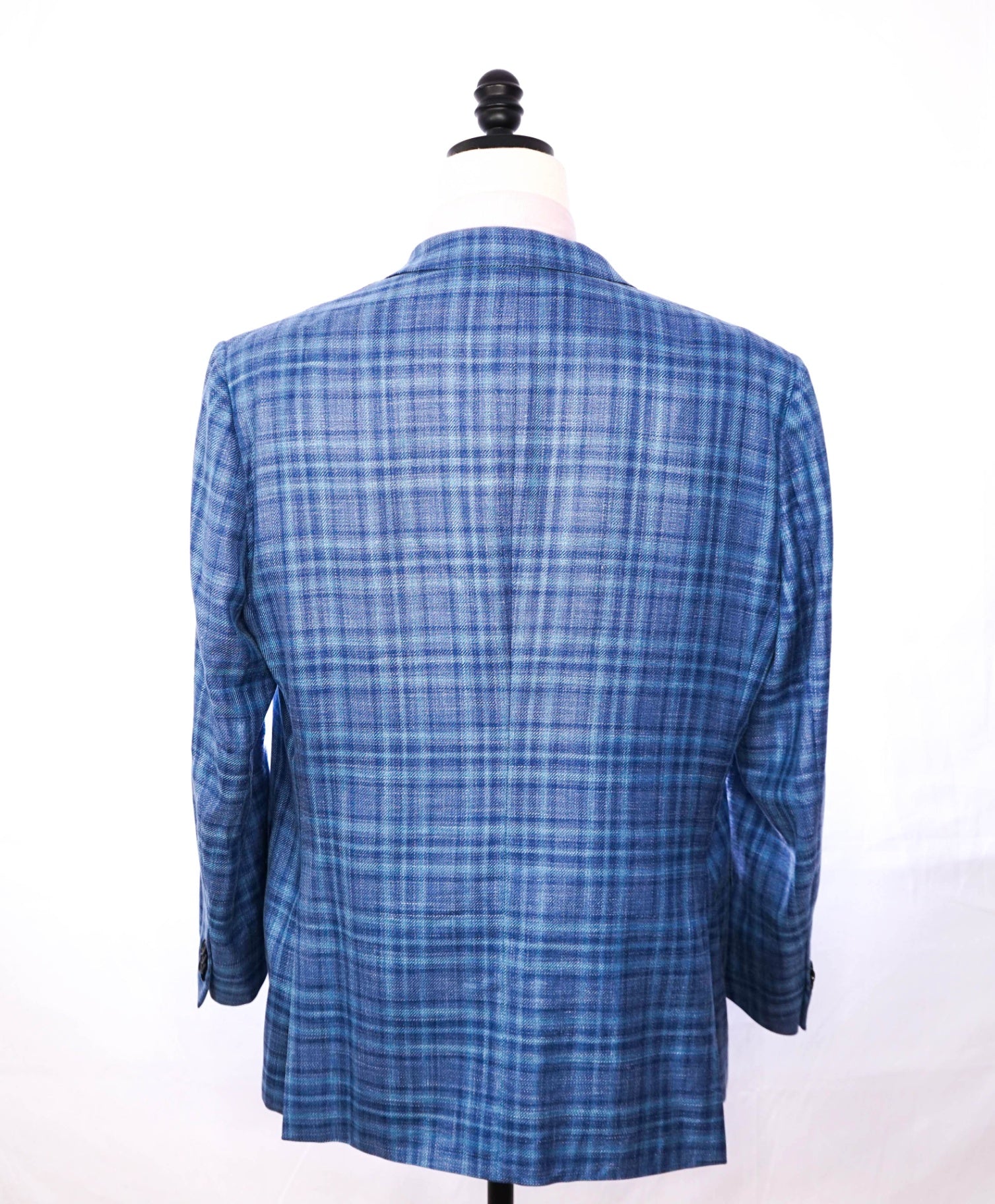 $3,750 ZEGNA - Blue Plaid Wool/Silk/Linen Blazer - 46R