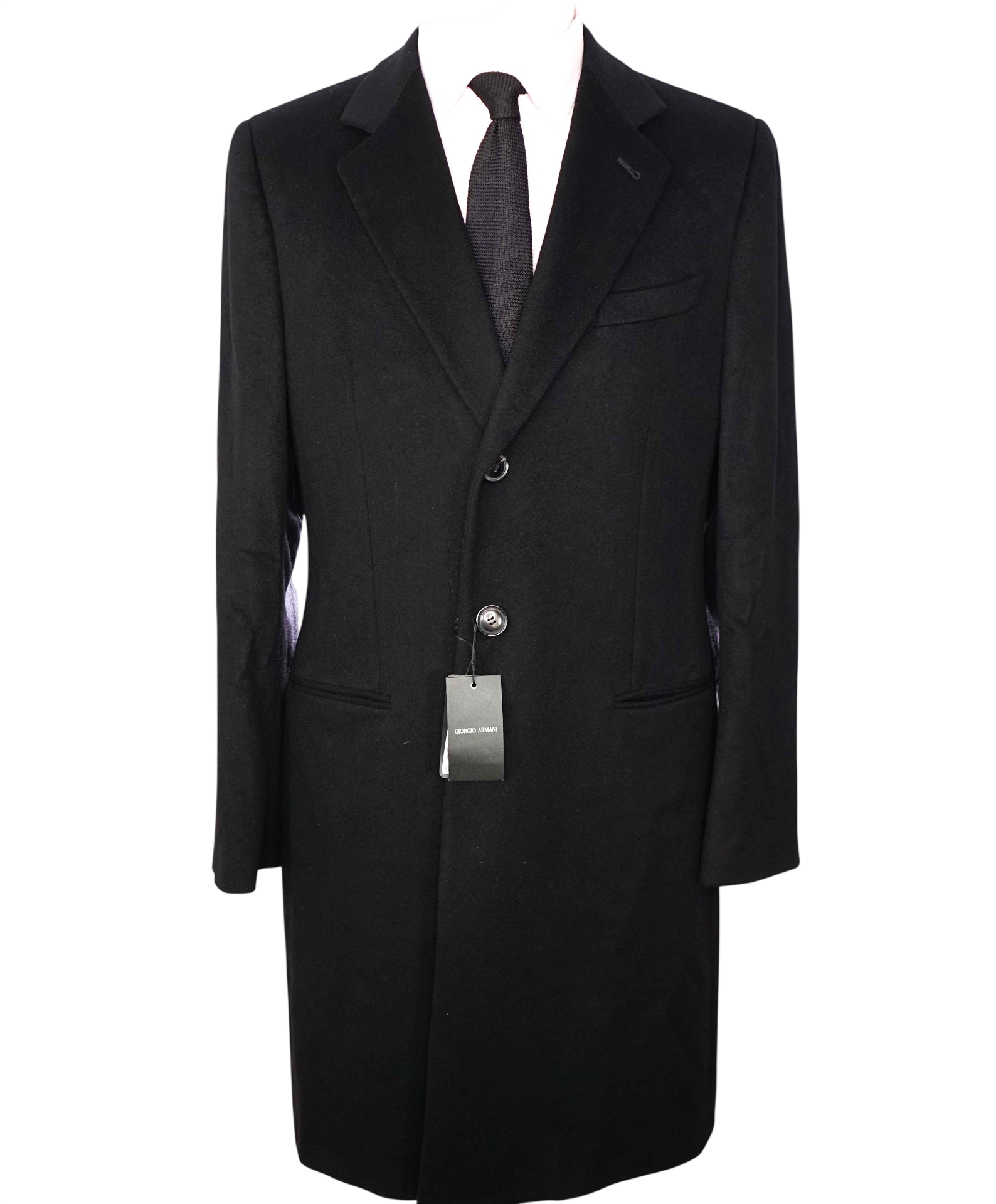 $6,300 GIORGIO ARMANI - Solid Black Wool/Cashmere Overcoat - 40R