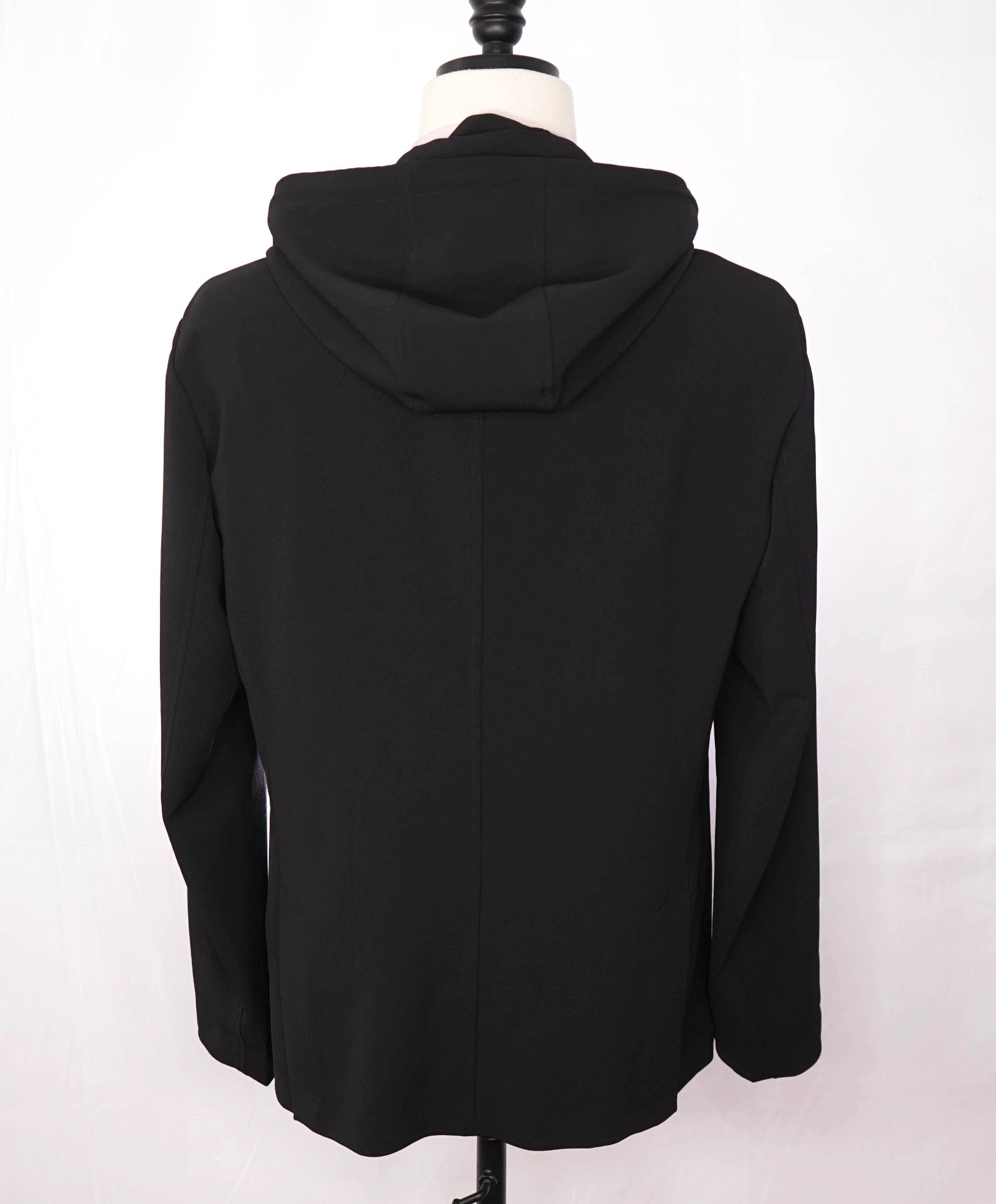 $795 EMPORIO ARMANI - Black Ribbed Poly Hooded Blazer - 42