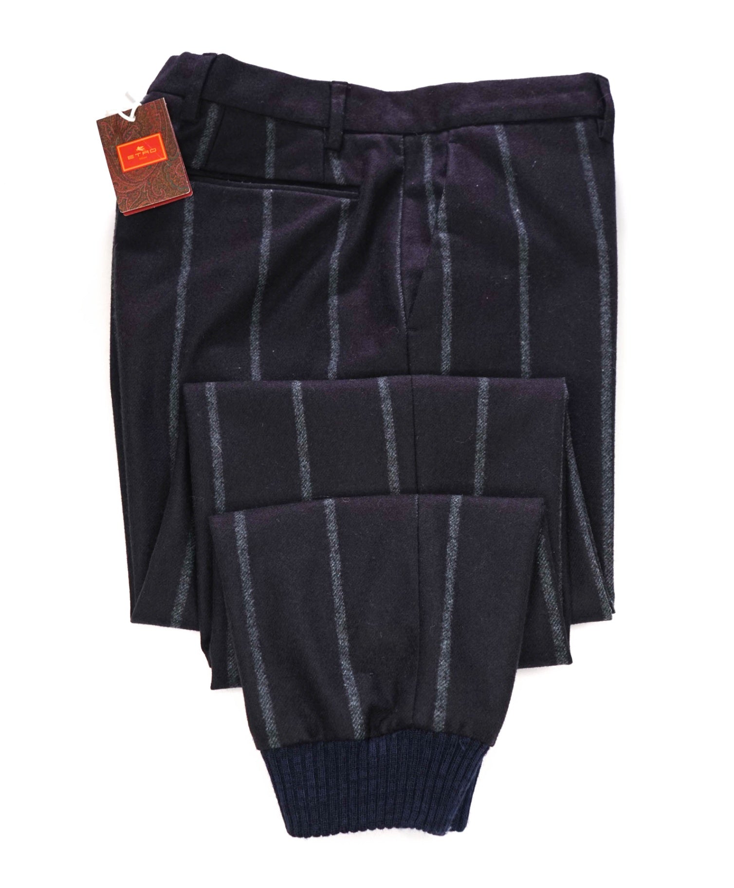 $1,000 ETRO - Navy Blue Stripes Flannel Jogger Pants - 34W
