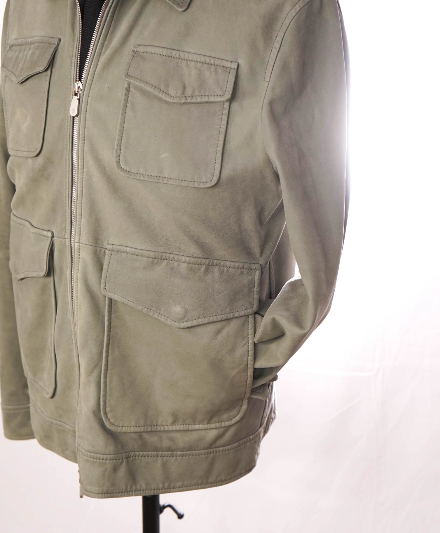$1,800 ELEVENTY - Sage Green Lamb Leather Sefari Jacket - 42