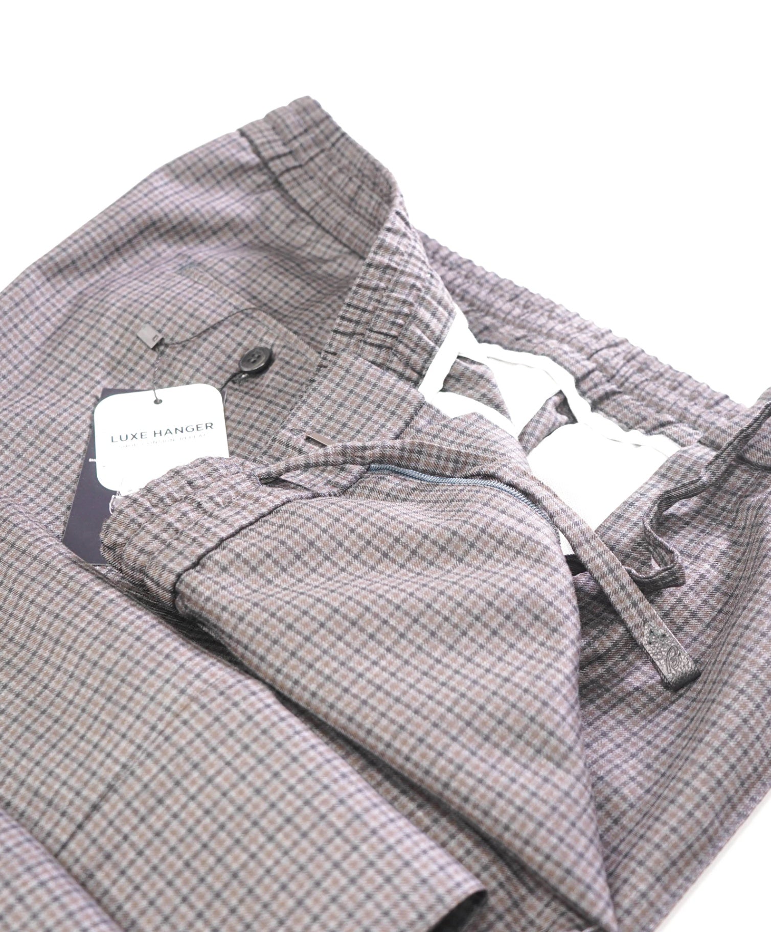 $1,268 BRIONI - Gray/Brown Gingham Drawstring Pants - 36W