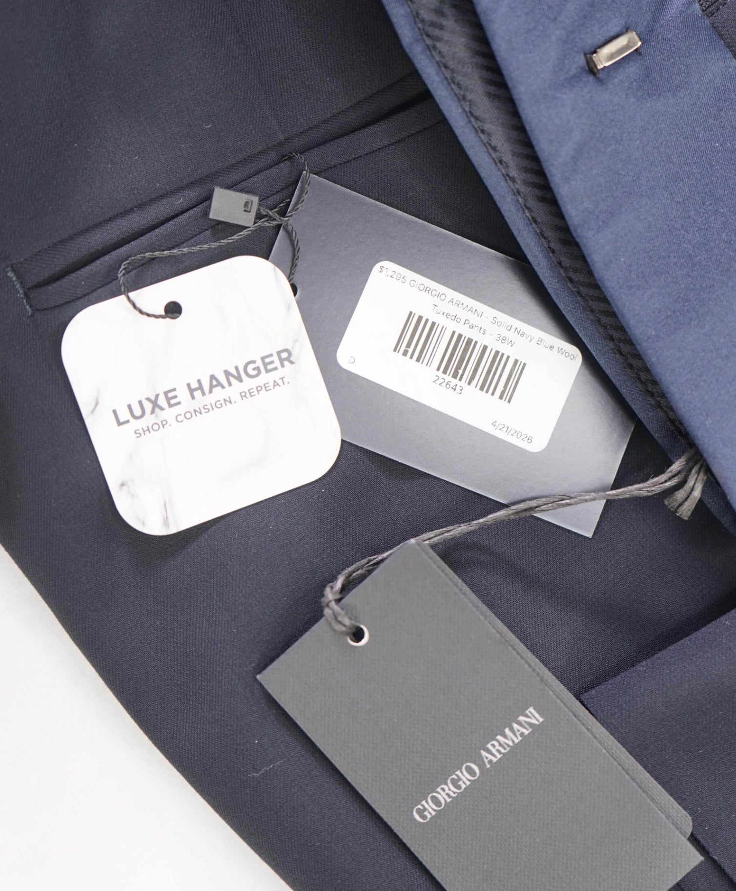 $1,295 GIORGIO ARMANI - Navy Blue Wool Tuxedo Pants - 38W
