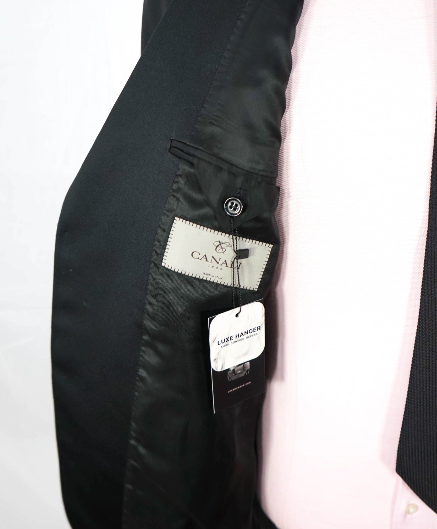 $2,195 CANALI - Solid Black Wool Tuxedo Suit - 42R