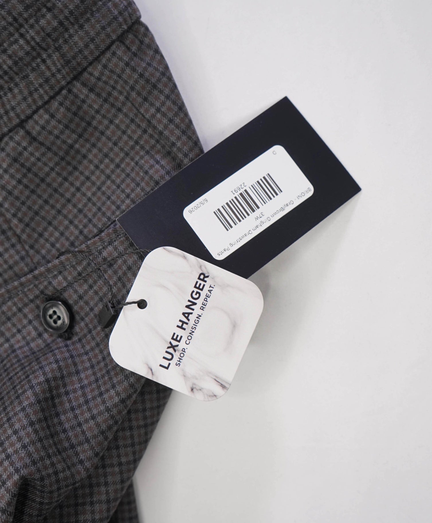 $1,268 BRIONI - Gray/Brown Gingham Drawstring Pants - 36W