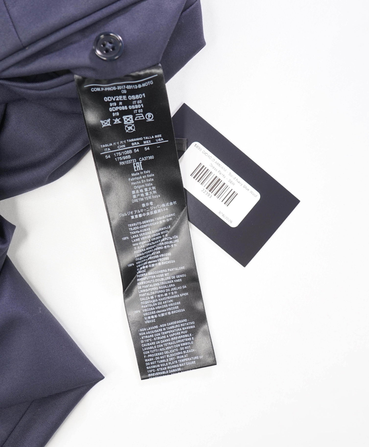 $895 GIORGIO ARMANI - Solid Navy Blue Wool Dress Pants - 38W