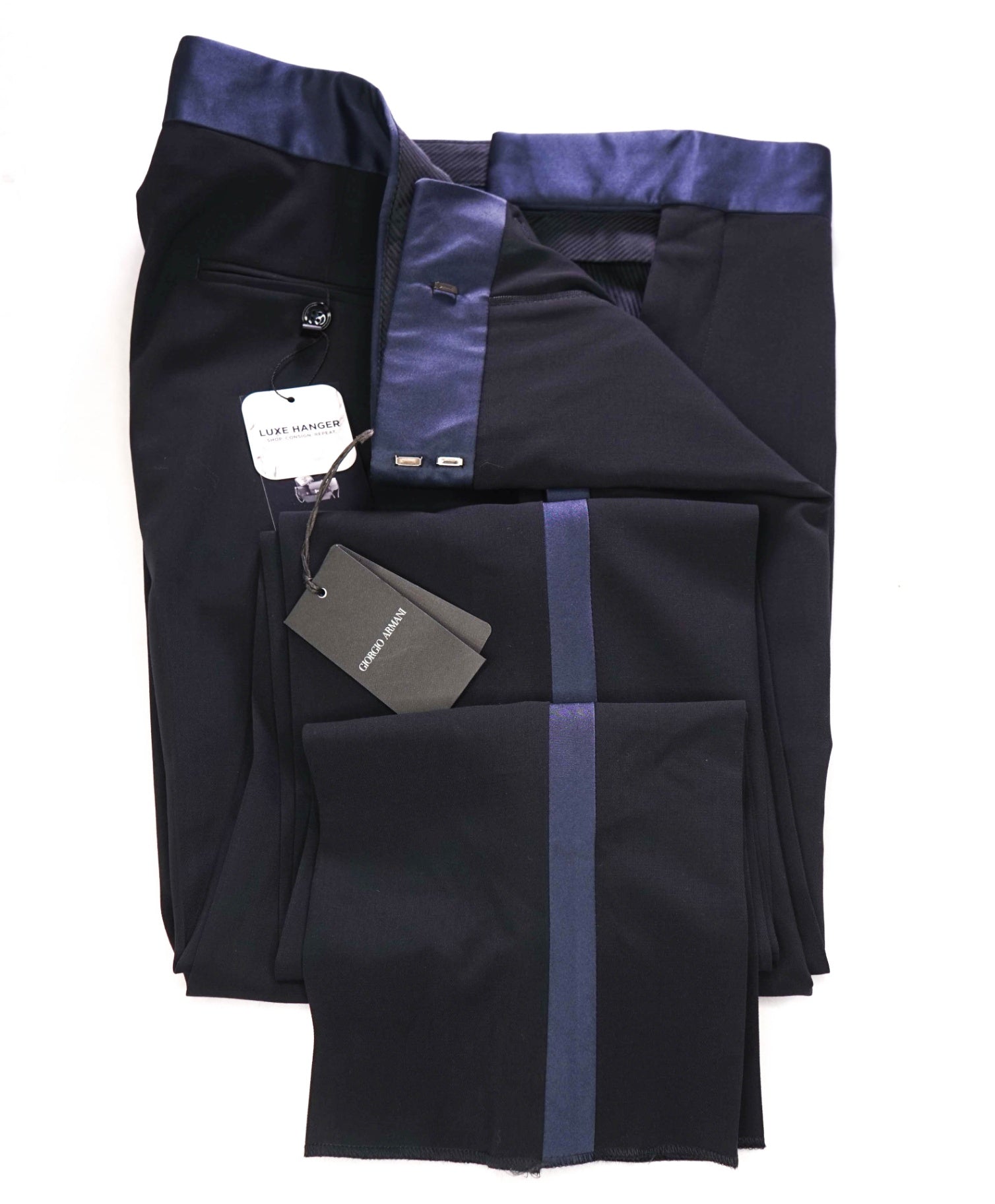 $1,295 GIORGIO ARMANI - Navy Blue Wool Tuxedo Pants - 38W