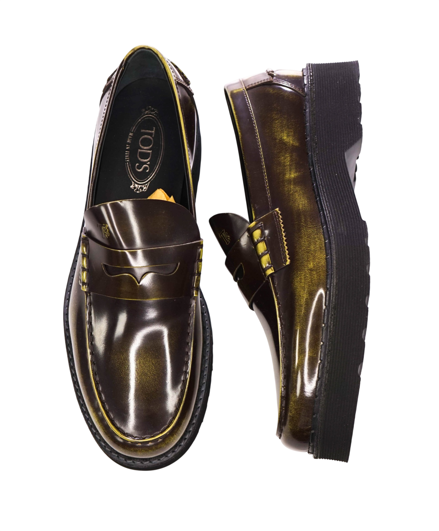 $925 TOD'S - Green Distressed Leather Lug-Sole Loafers - 11.5 US (10.5 UK)