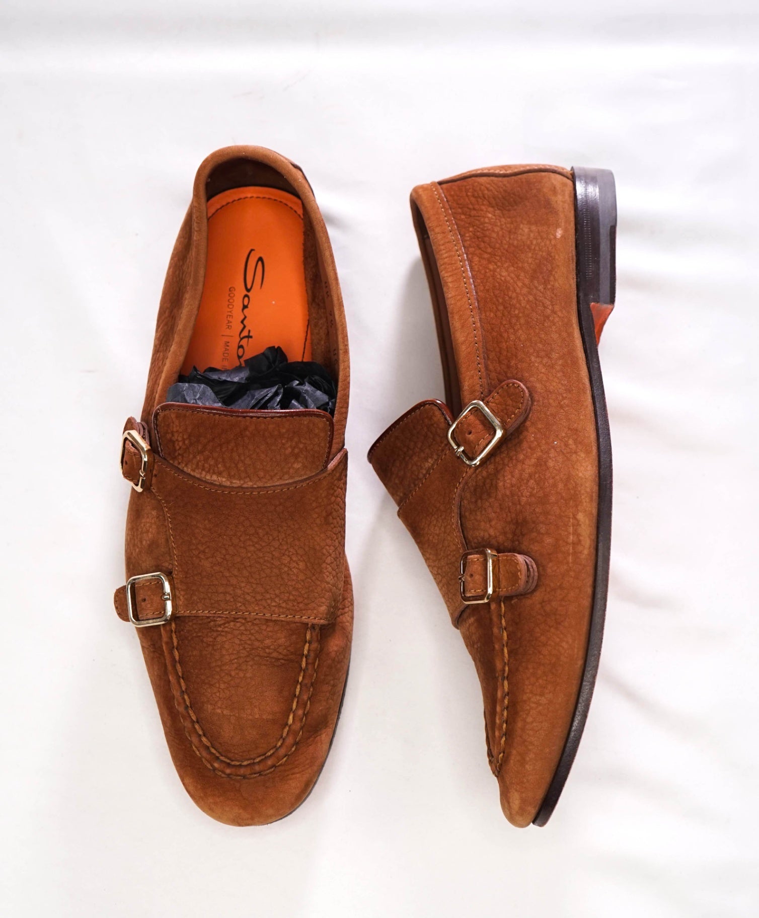$920 SANTONI - Brown "GOODYEAR" Suede Monk Loafers - US 8.5 (7.5UK)