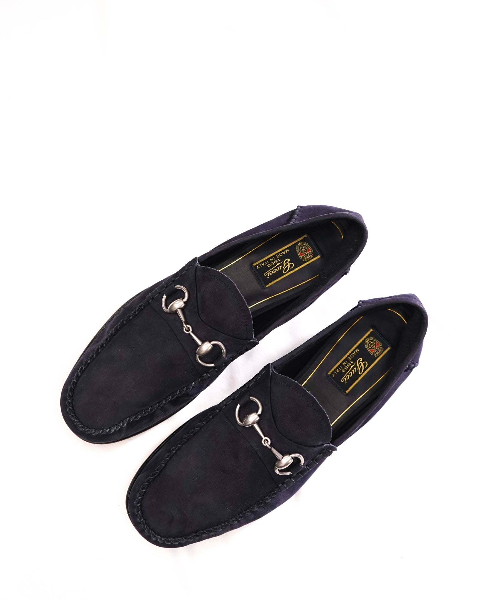 $1,090 GUCCI - Navy Blue Suede Unlined Venetian Loafers - US 9 (8.5G)