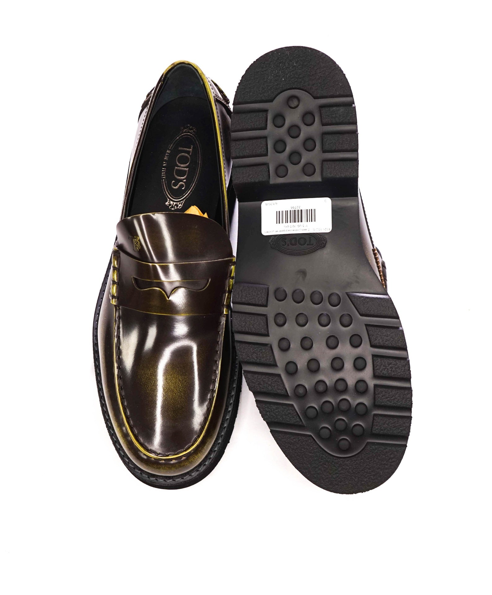 $925 TOD'S - Green Distressed Leather Lug-Sole Loafers - 11.5 US (10.5 UK)