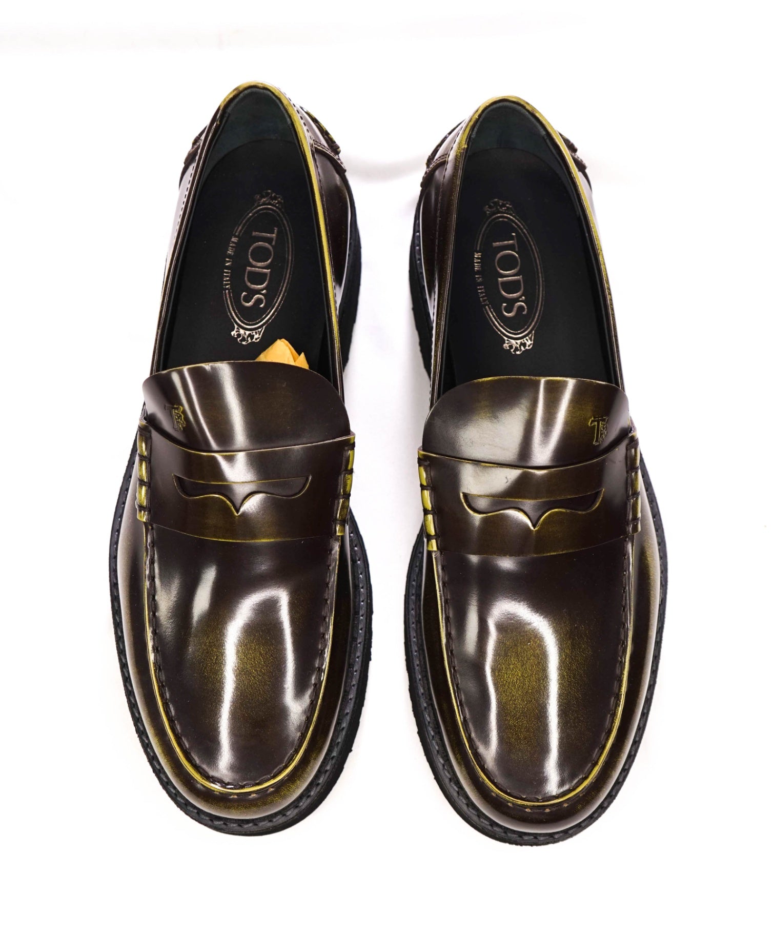 $925 TOD'S - Green Distressed Leather Lug-Sole Loafers - 11.5 US (10.5 UK)
