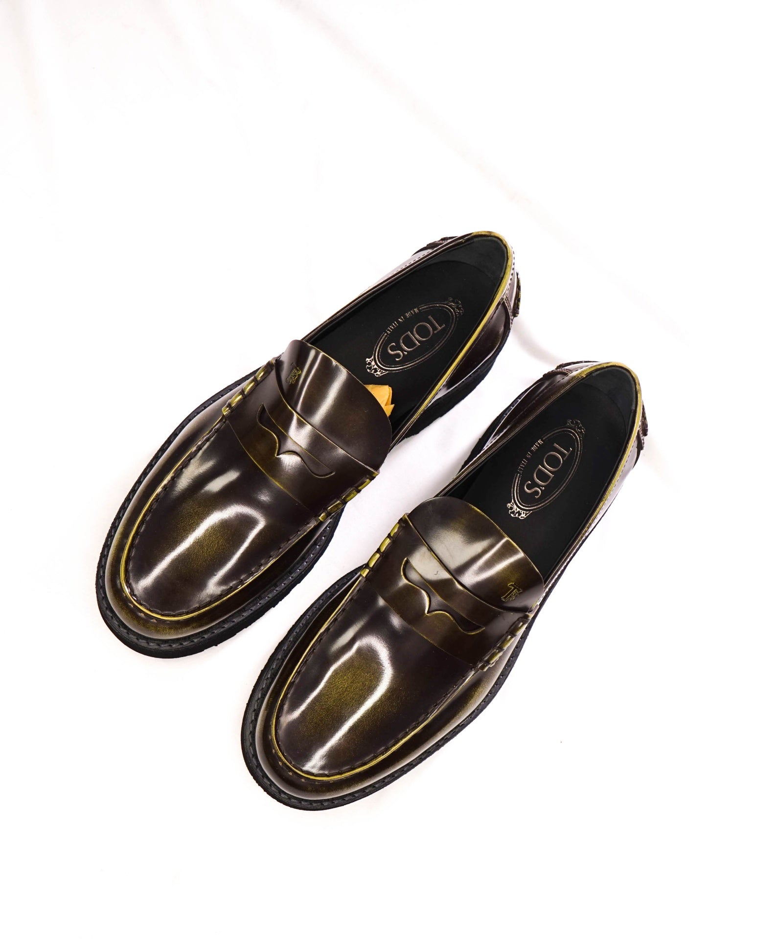 $925 TOD'S - Green Distressed Leather Lug-Sole Loafers - 11.5 US (10.5 UK)