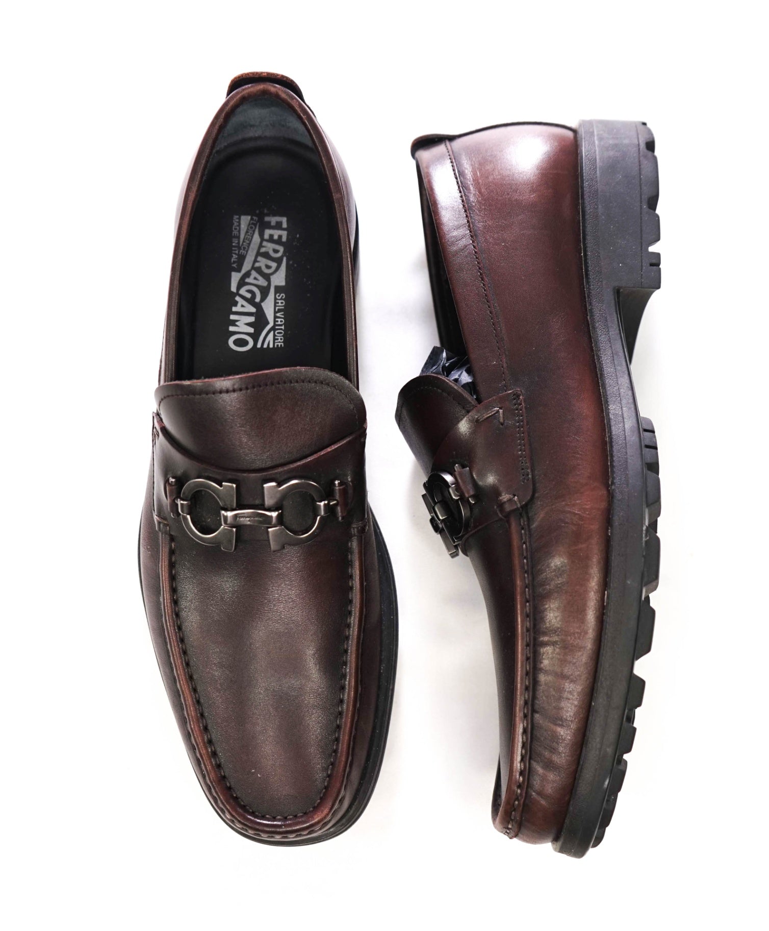 $995 FERRAGAMO - Brown MASTER Leather Lug-Sole Loafers - 10.5 D