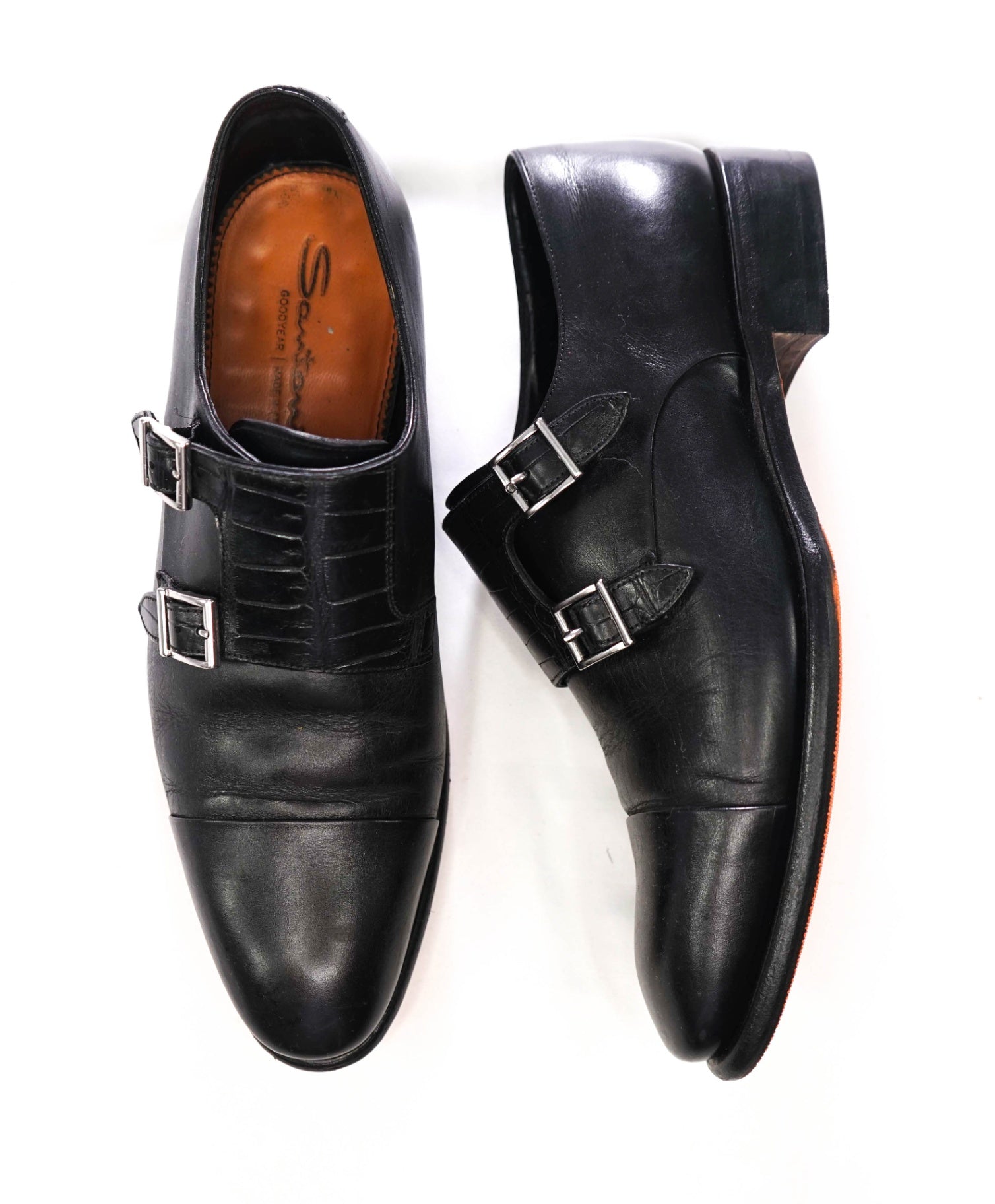$1,595 SANTONI - Black "GOODYEAR" Crocodile Monk Straps - US 8 (7UK)