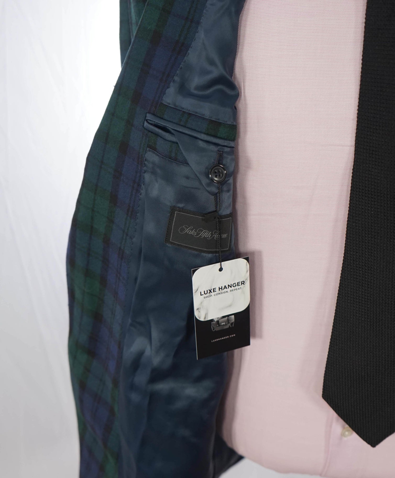 SAKS FIFTH AVENUE - Navy/Green Plaid Wool Blazer - 44L