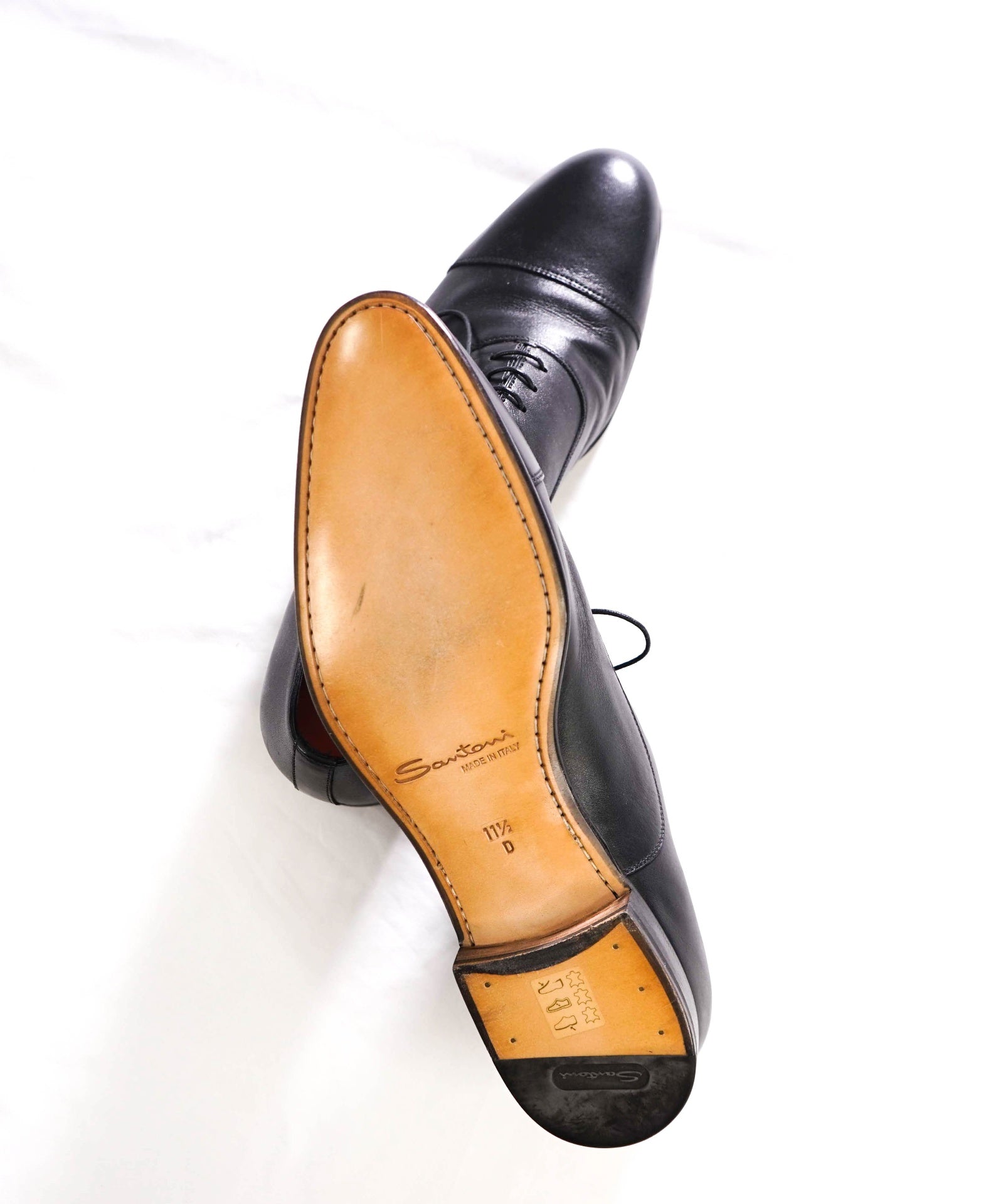 $1,080 SANTONI - Black Leather Venetian Oxfords - US 12.5 D (11.5UK)