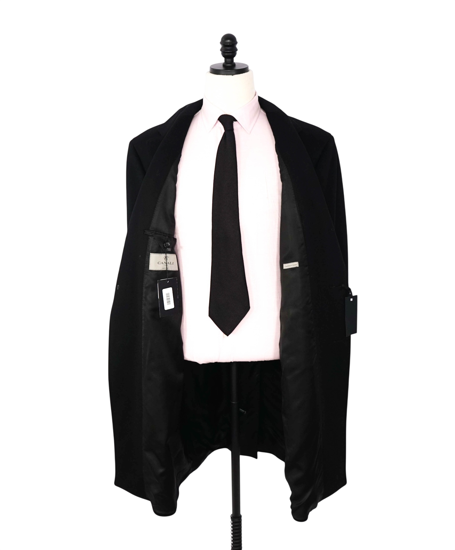$3,550 CANALI - Solid Black Wool/Cashmere Overcoat - 46R