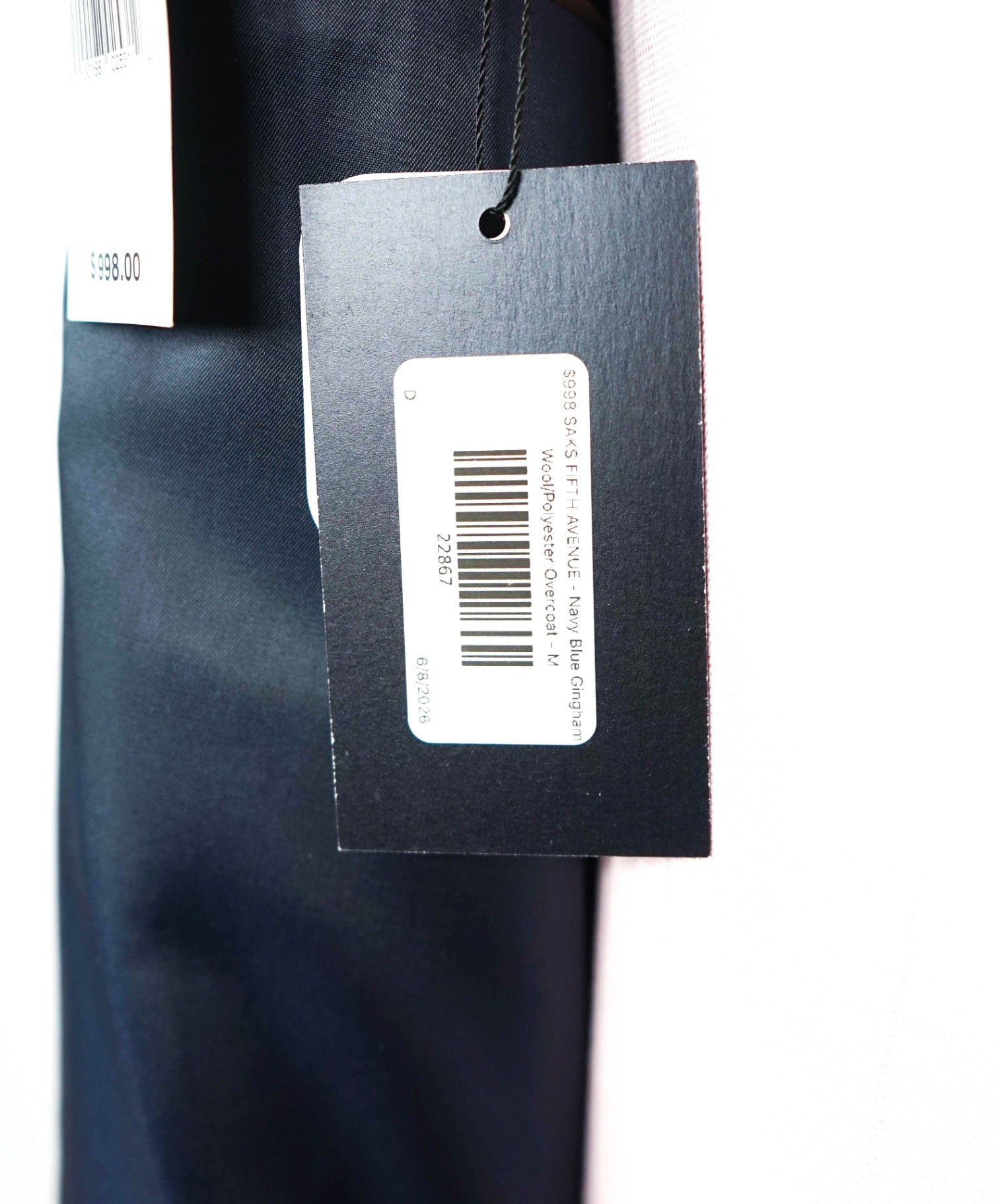 $998 SAKS FIFTH AVENUE - Navy Blue Gingham Wool Overcoat - M