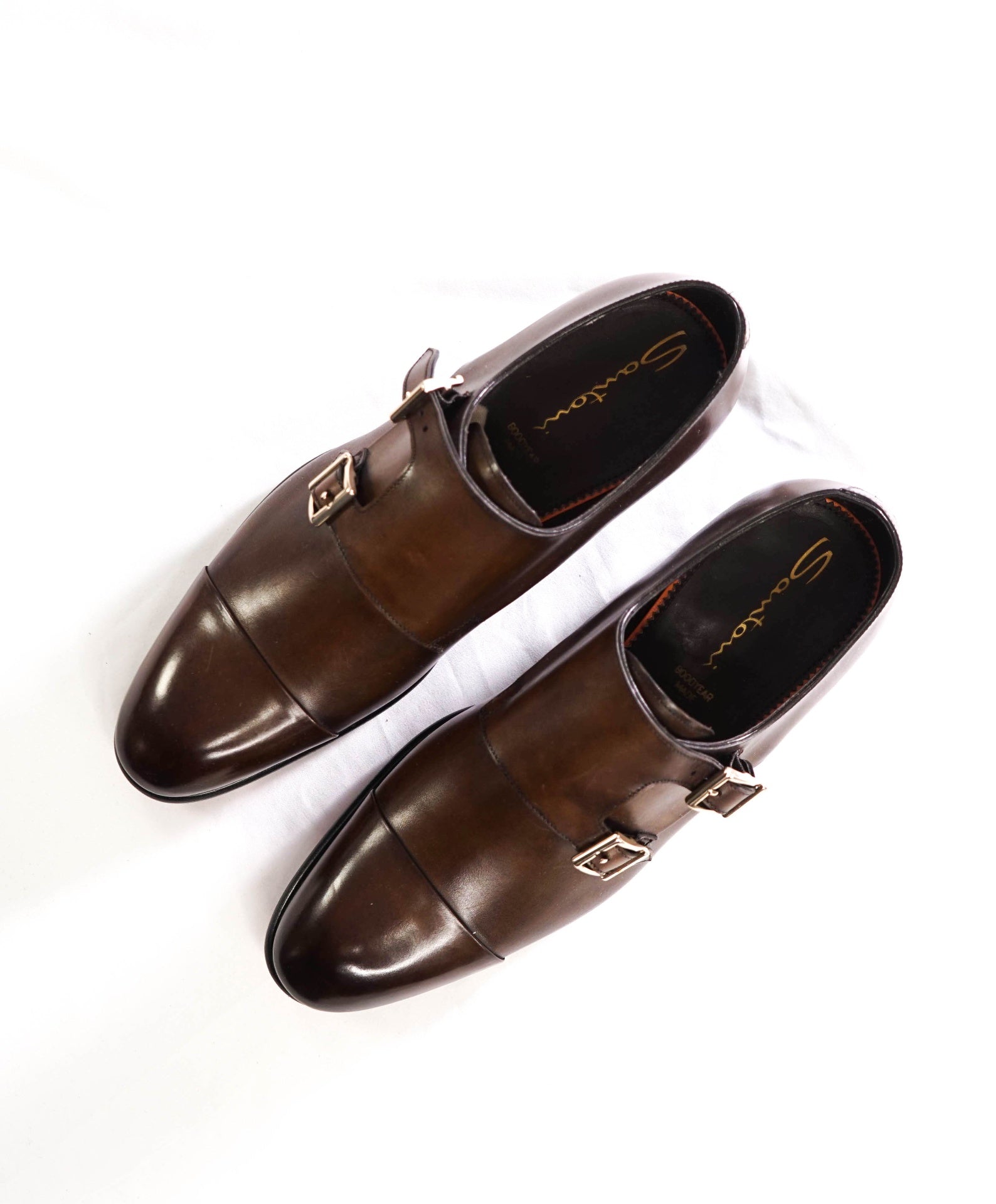 $1,595 SANTONI - Brown Leather "ISAAC" Monk Straps - US 9 (8UK)