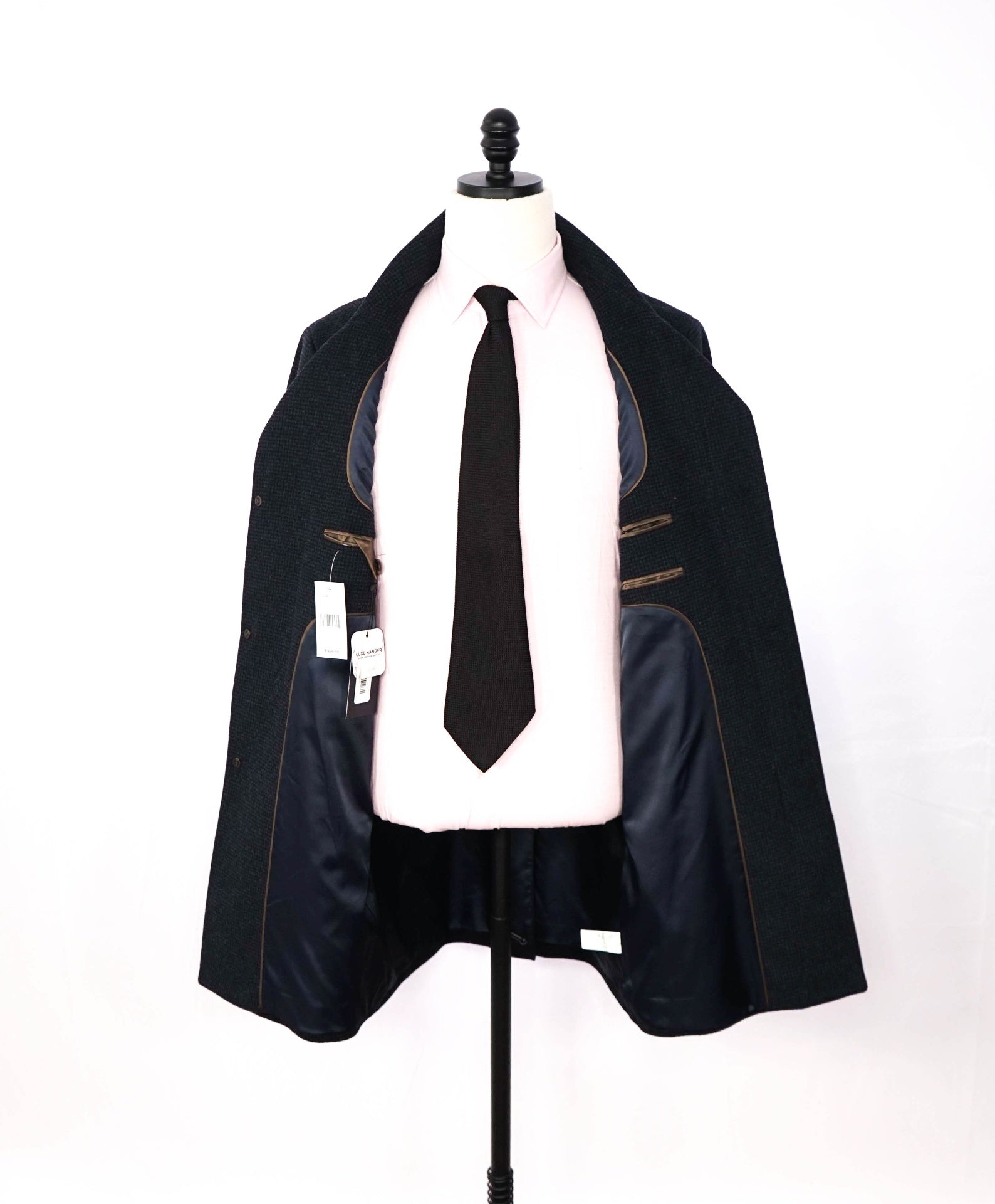 $998 SAKS FIFTH AVENUE - Navy Blue Gingham Wool Overcoat - M