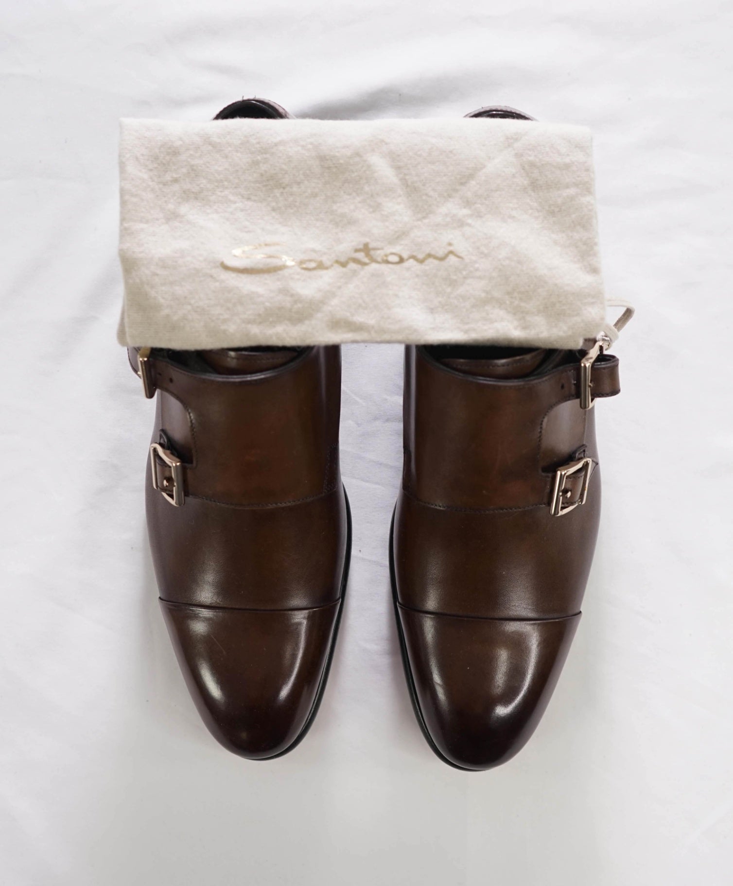 $1,595 SANTONI - Brown Leather "ISAAC" Monk Straps - US 9 (8UK)