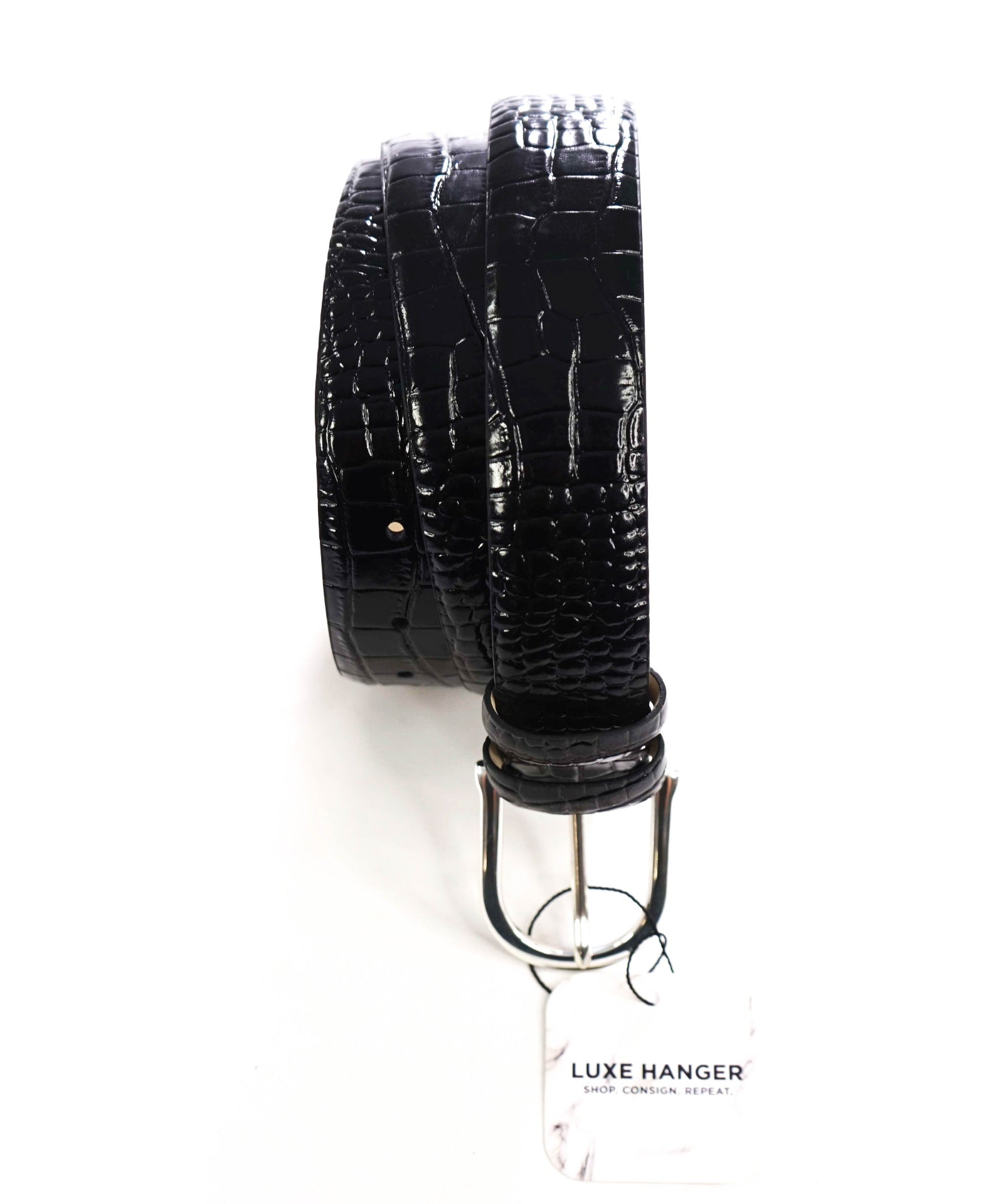 $595 HICKEY FREEMAN - Black Alligator Embossed Leather Belt - 36