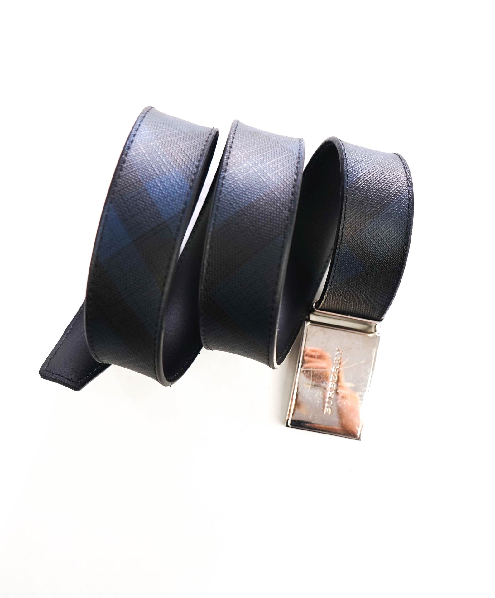 $295 BURBERRY - Blue/Black Reversible Canvas/Leather Belt - 38W