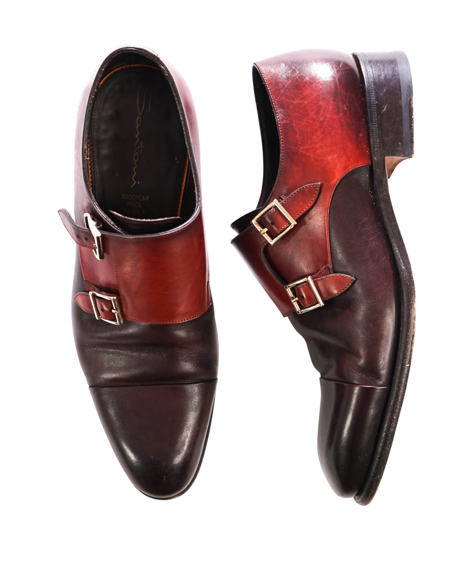 $1,595 SANTONI - Burgundy "GOODYEAR" Leather Monk Straps - US 9.5 (8.5UK)