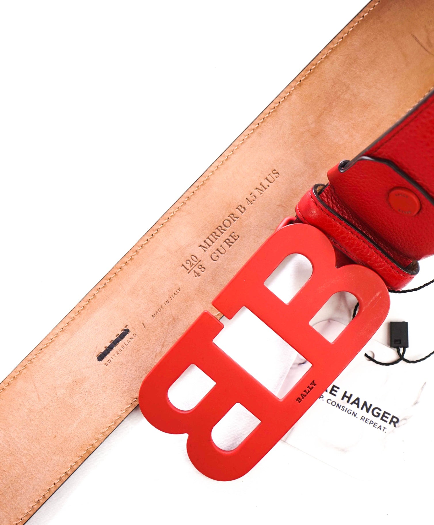 $425 BALLY - Red Leather Mirror Logo Buckle Belt - 40W
