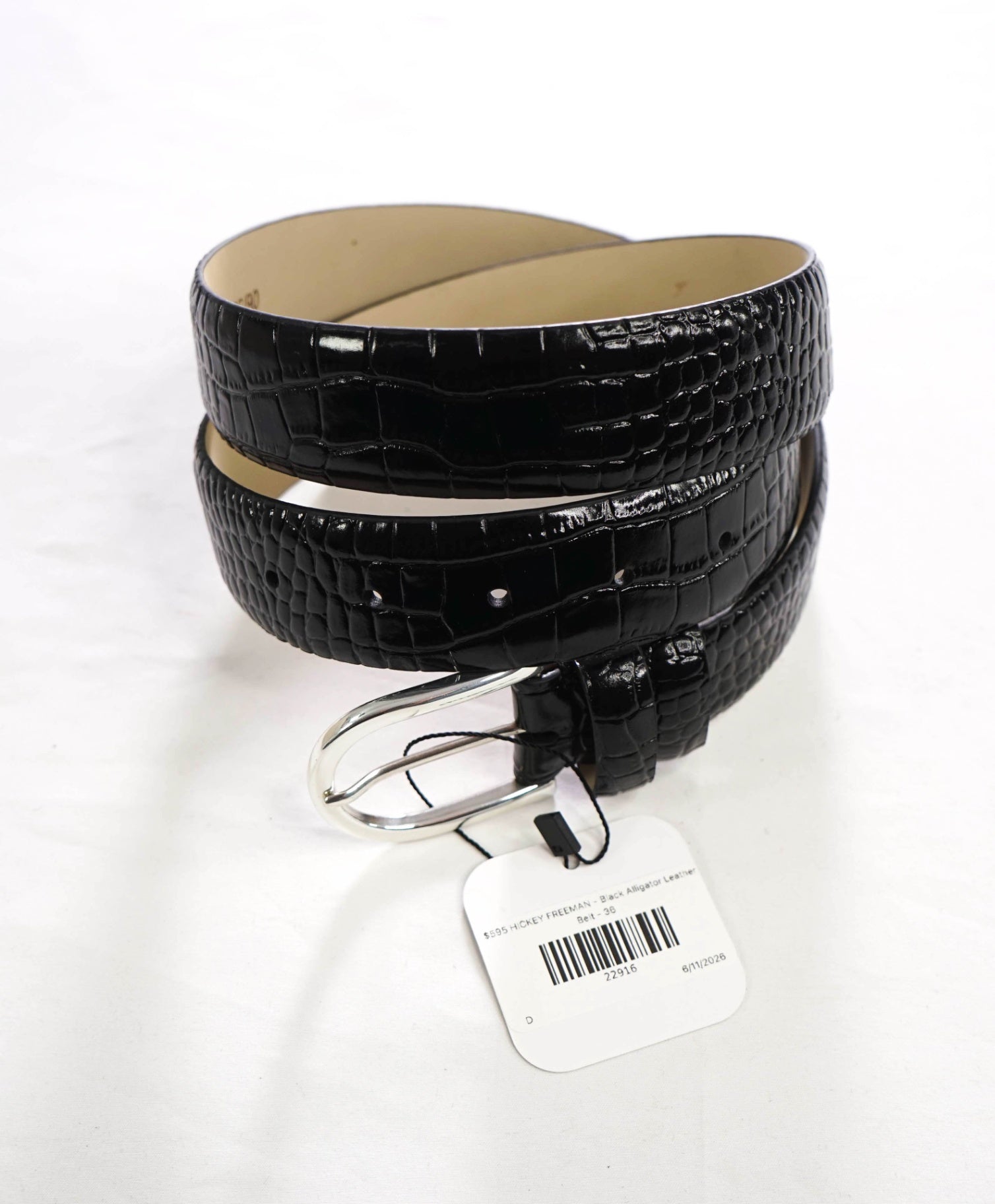 $595 HICKEY FREEMAN - Black Alligator Embossed Leather Belt - 36