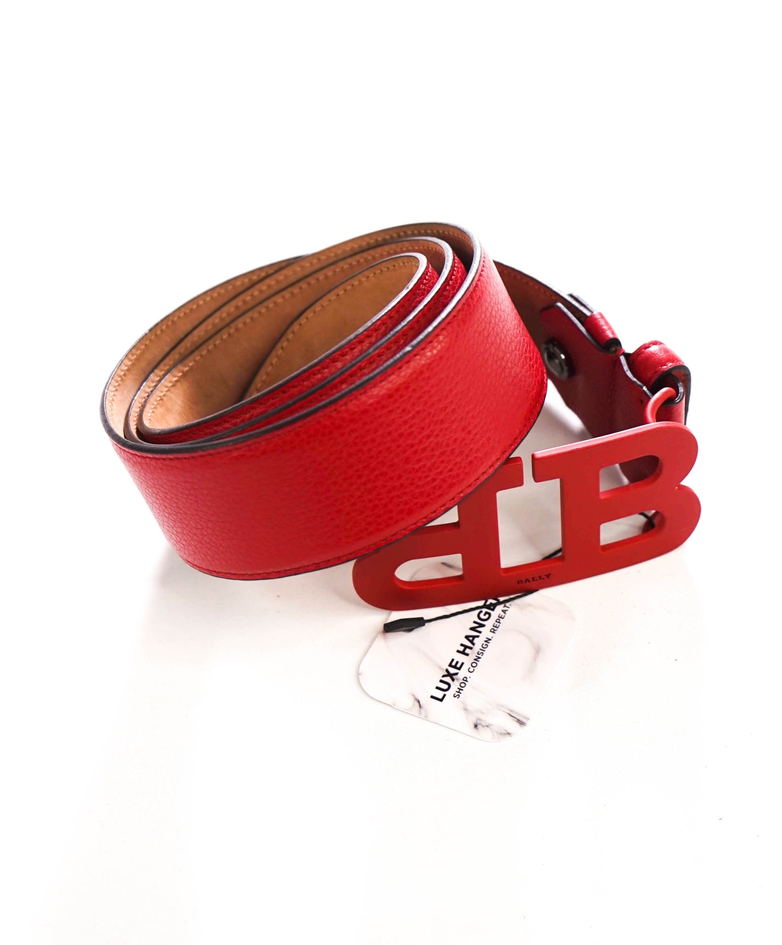 $425 BALLY - Red Leather Mirror Logo Buckle Belt - 40W