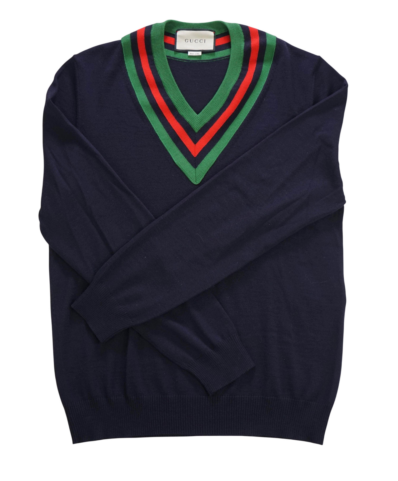 $1,480 GUCCI - Navy Blue Wool Cricket V-Neck Sweater - M