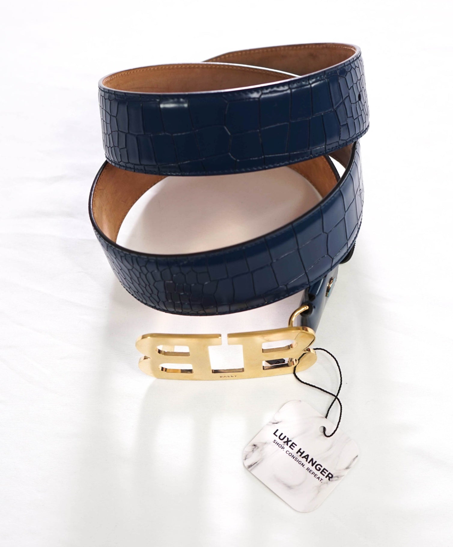 $430 BALLY - Blue Alligator Leather Mirror B Belt - 44W