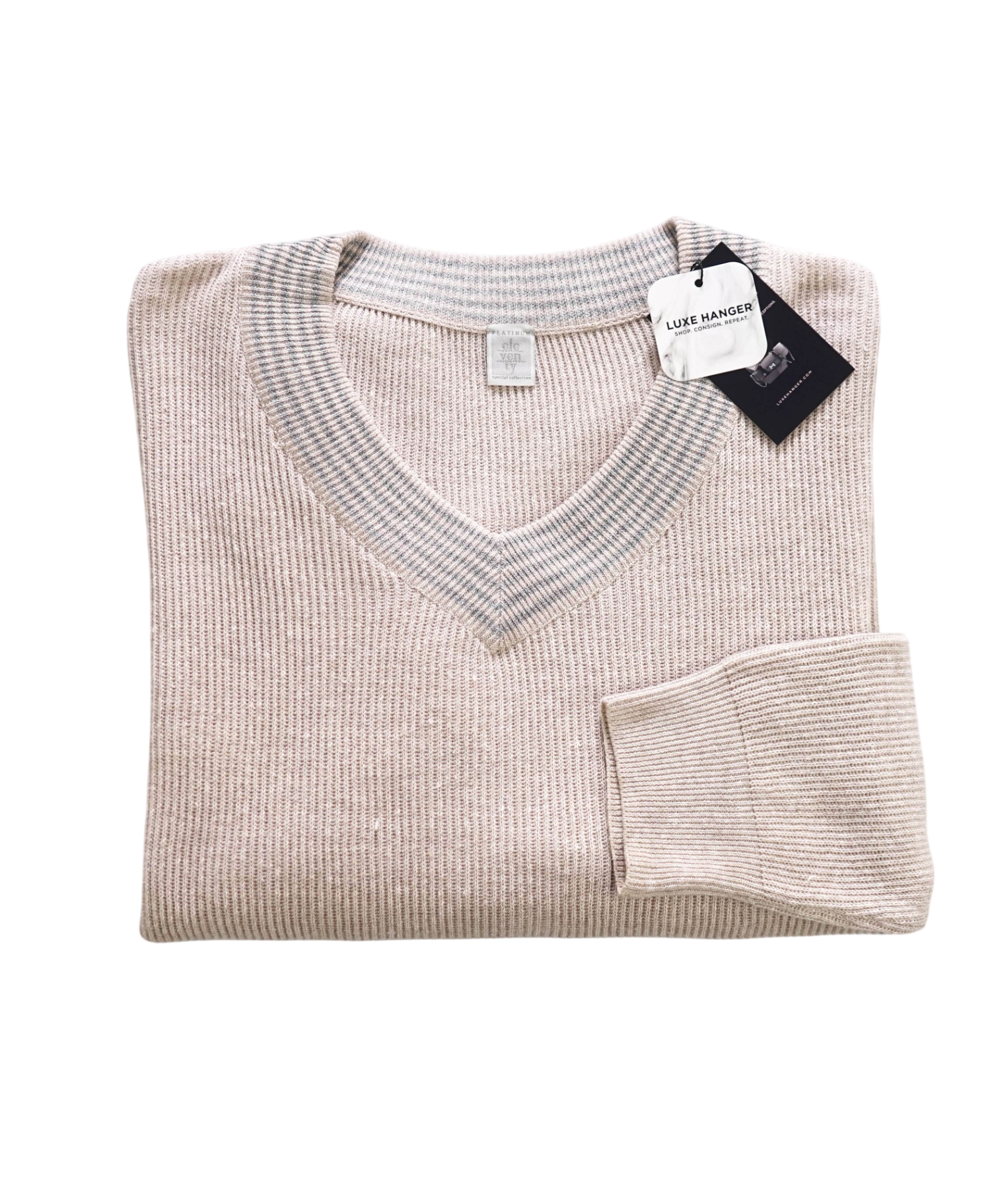 $795 ELEVENTY - Beige Knit Linen/Cotton V-Neck Sweater - XL