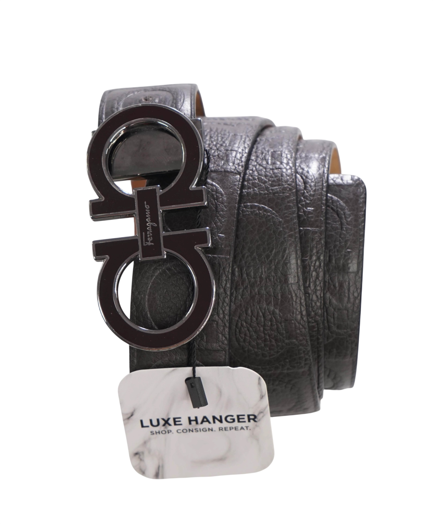 $635 FERRAGAMO - Buckle + Logo Strap Brown Gancini Belt - 40W