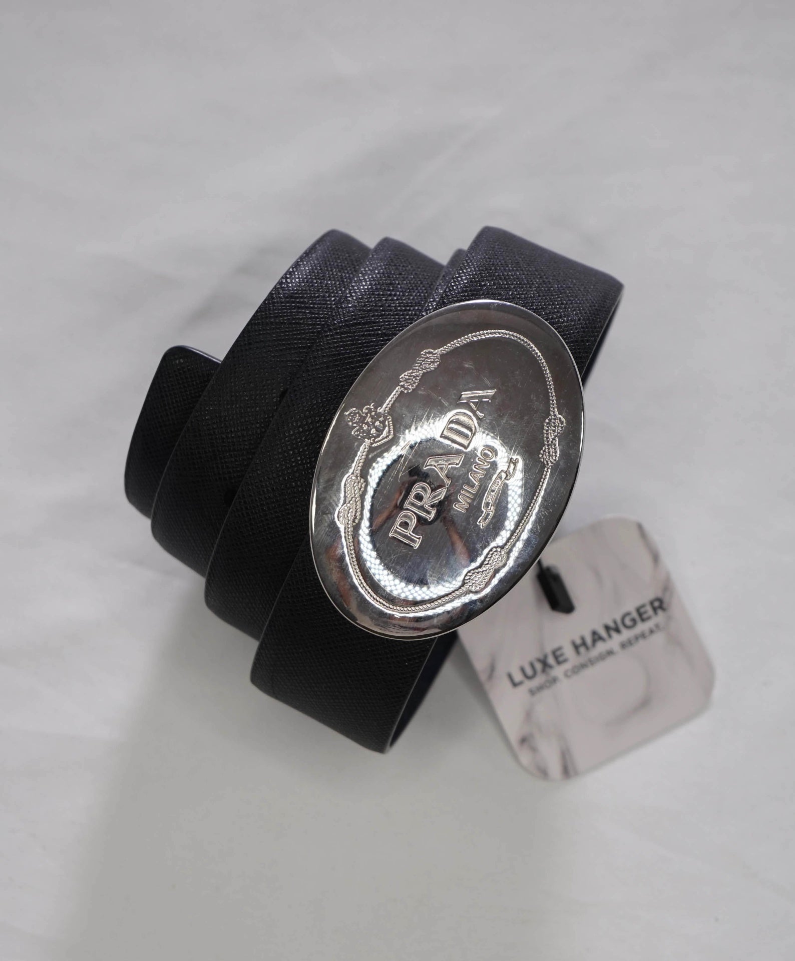 $895 PRADA - Black/Navy Blue Reversible Plaque Leather Belt - 36