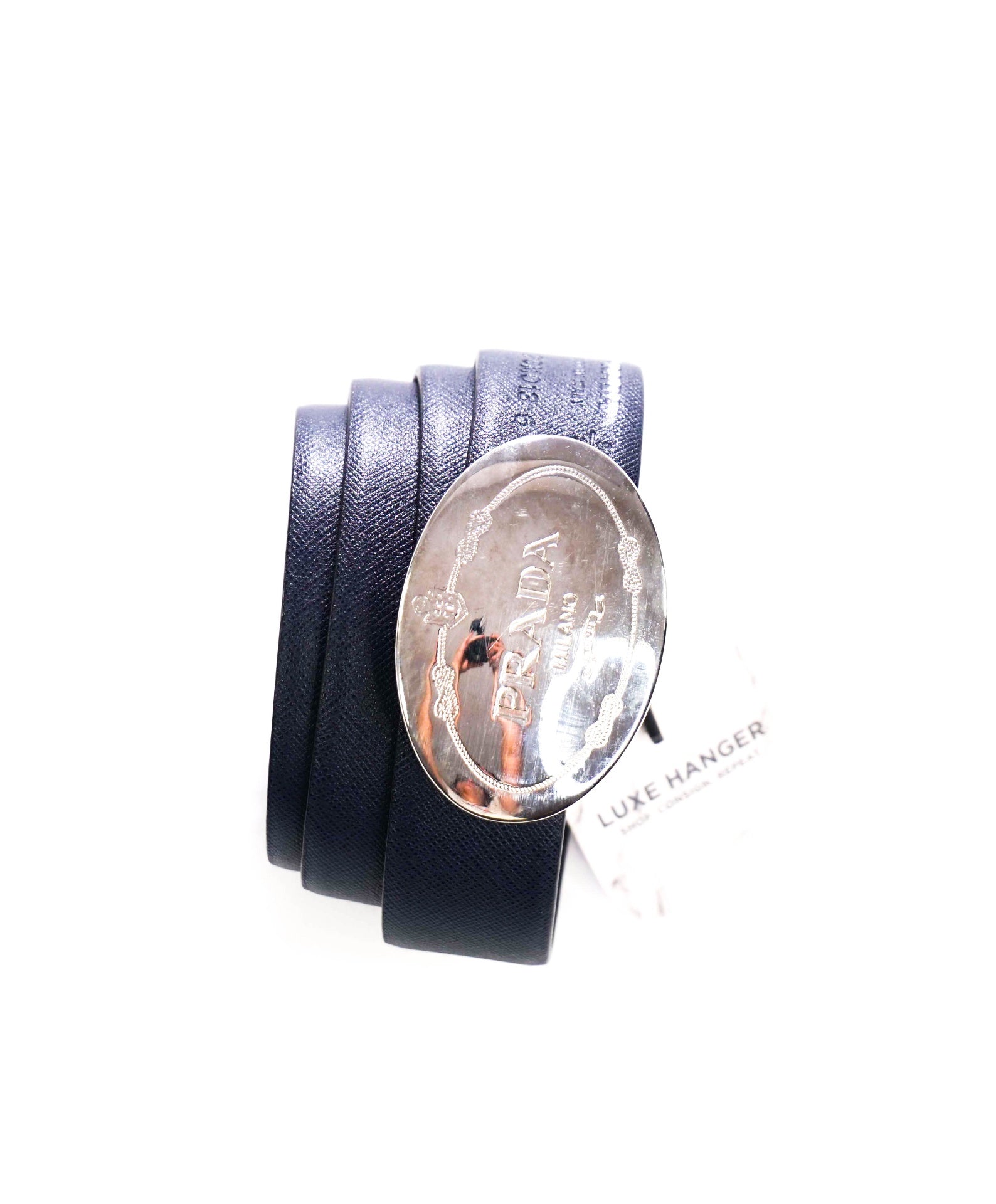 $895 PRADA - Black/Navy Blue Reversible Plaque Leather Belt - 36