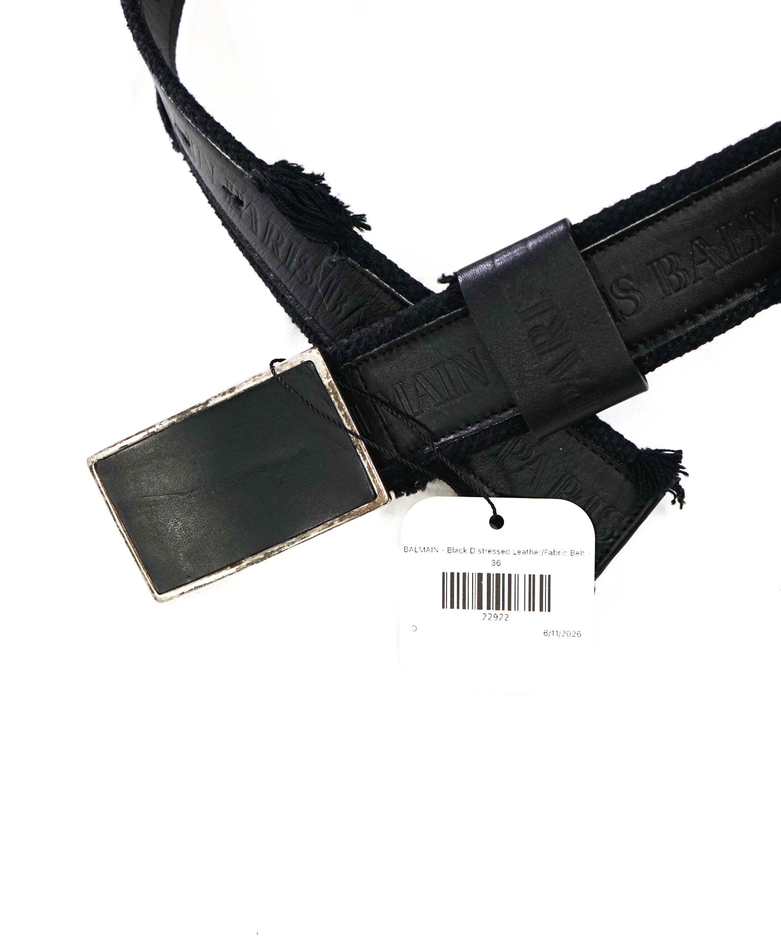 BALMAIN - Black Distressed Leather/Fabric Belt - 36