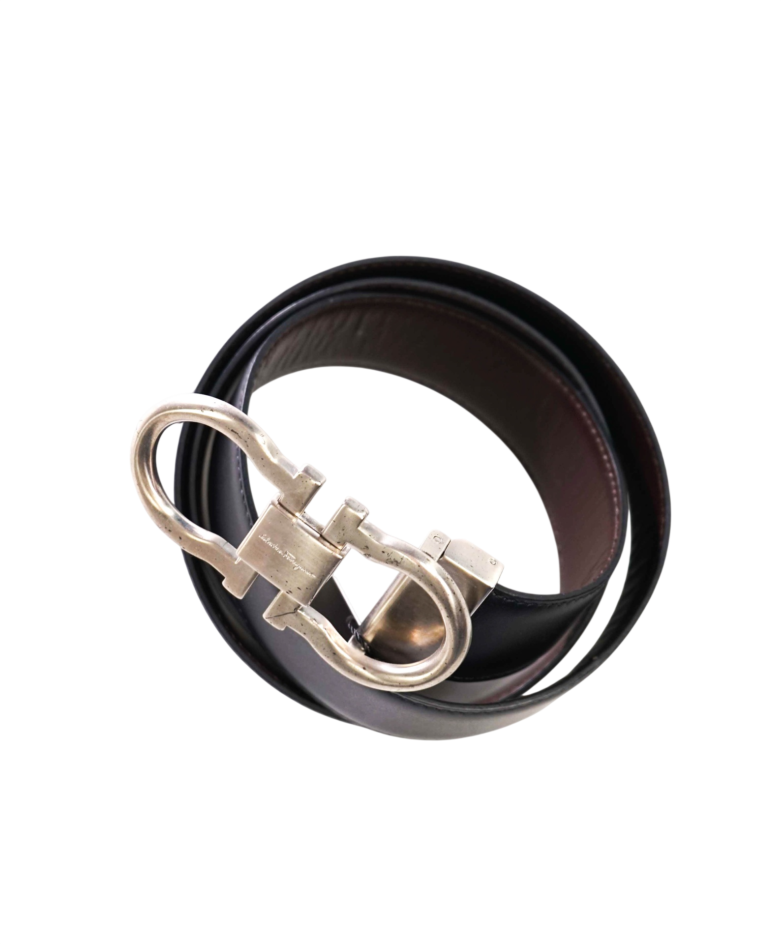 $535 FERRAGAMO - Black/Brown Reversible  Leather Gancini Belt- 36W