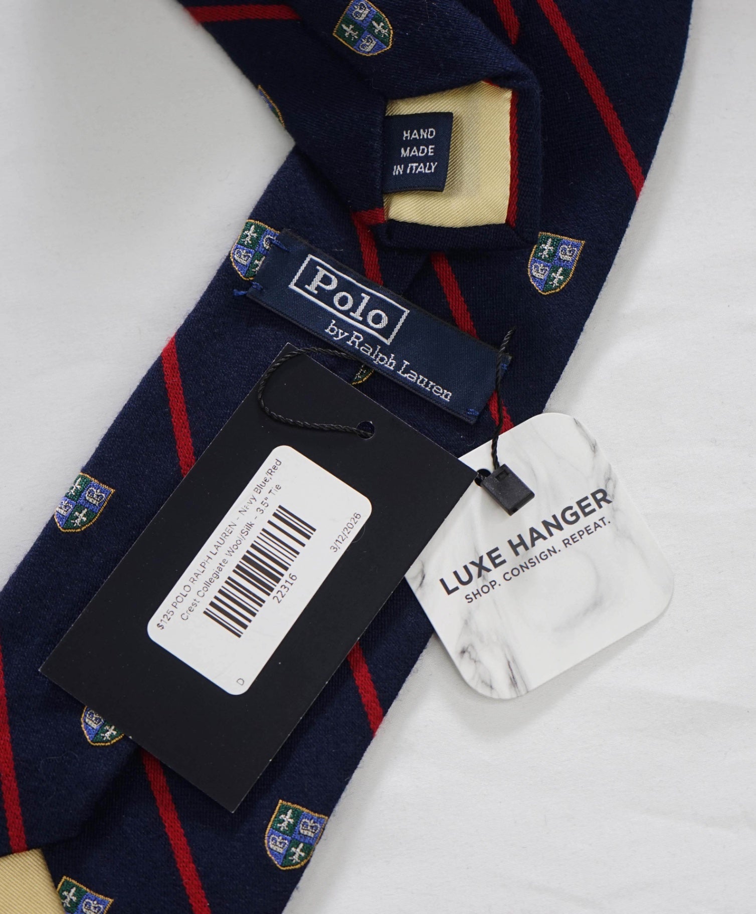 $125 POLO RALPH LAUREN - Navy Crest Collegiate Wool/Silk - 3.5" Tie
